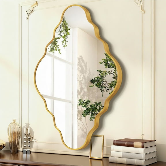FRMALL Wavy Diamond Wall Mirror 24"x40", Modern Bathroom Mirrors Wall Mounted With Gold Metal Frame