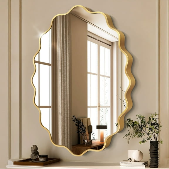 FRMALL Wavy Oval Wall Mirror 24"x36", Modern Bathroom Mirrors Wall Mounted With Gold Metal Frame