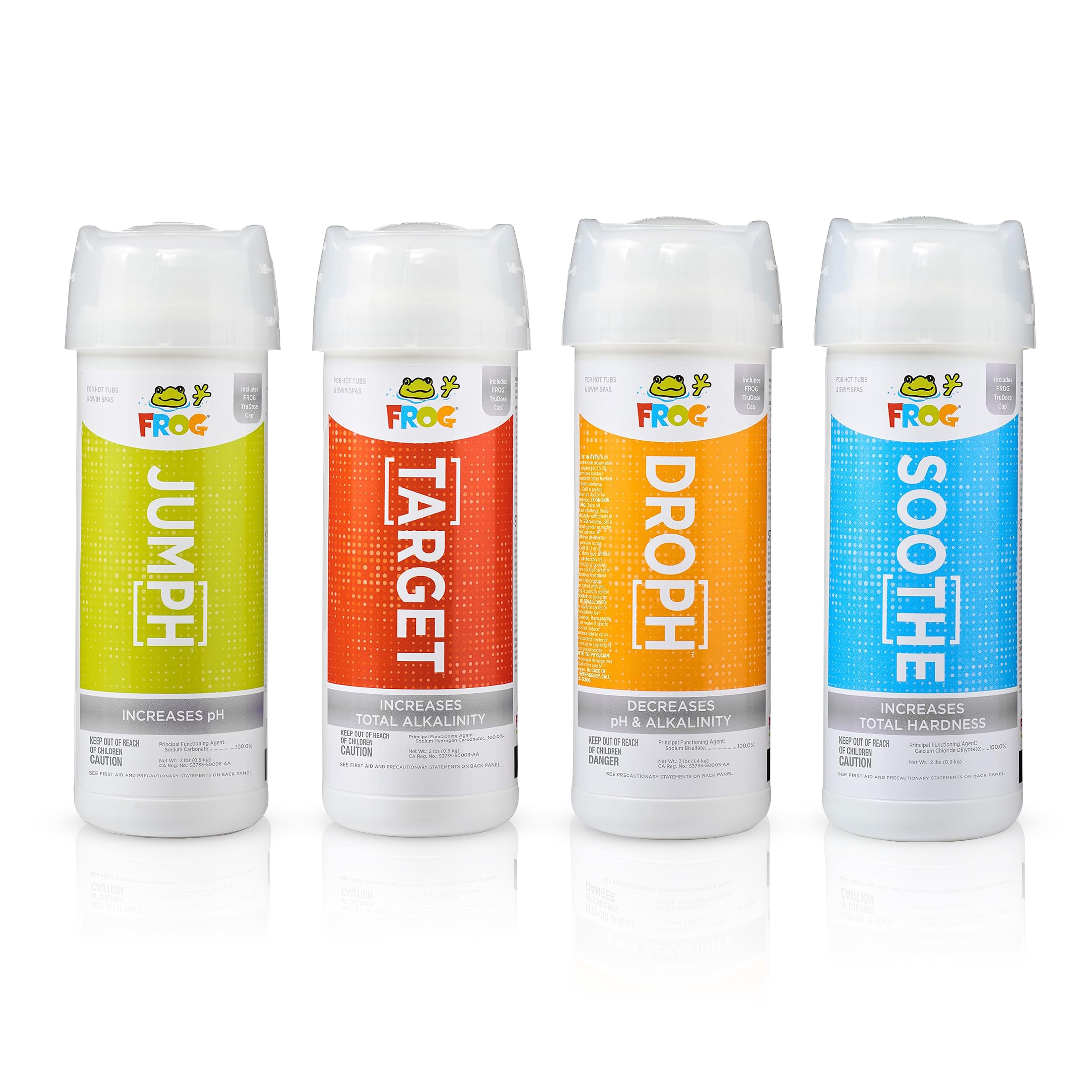 FROG Balancing Starter Kit for Hot Tubs and Swim Spas - pH, Total Alkalinity and Hardness Increaser & pH and Total Alkalinity Decreaser - TruDose Measuring Caps for Easy Maintenance & Balancing
