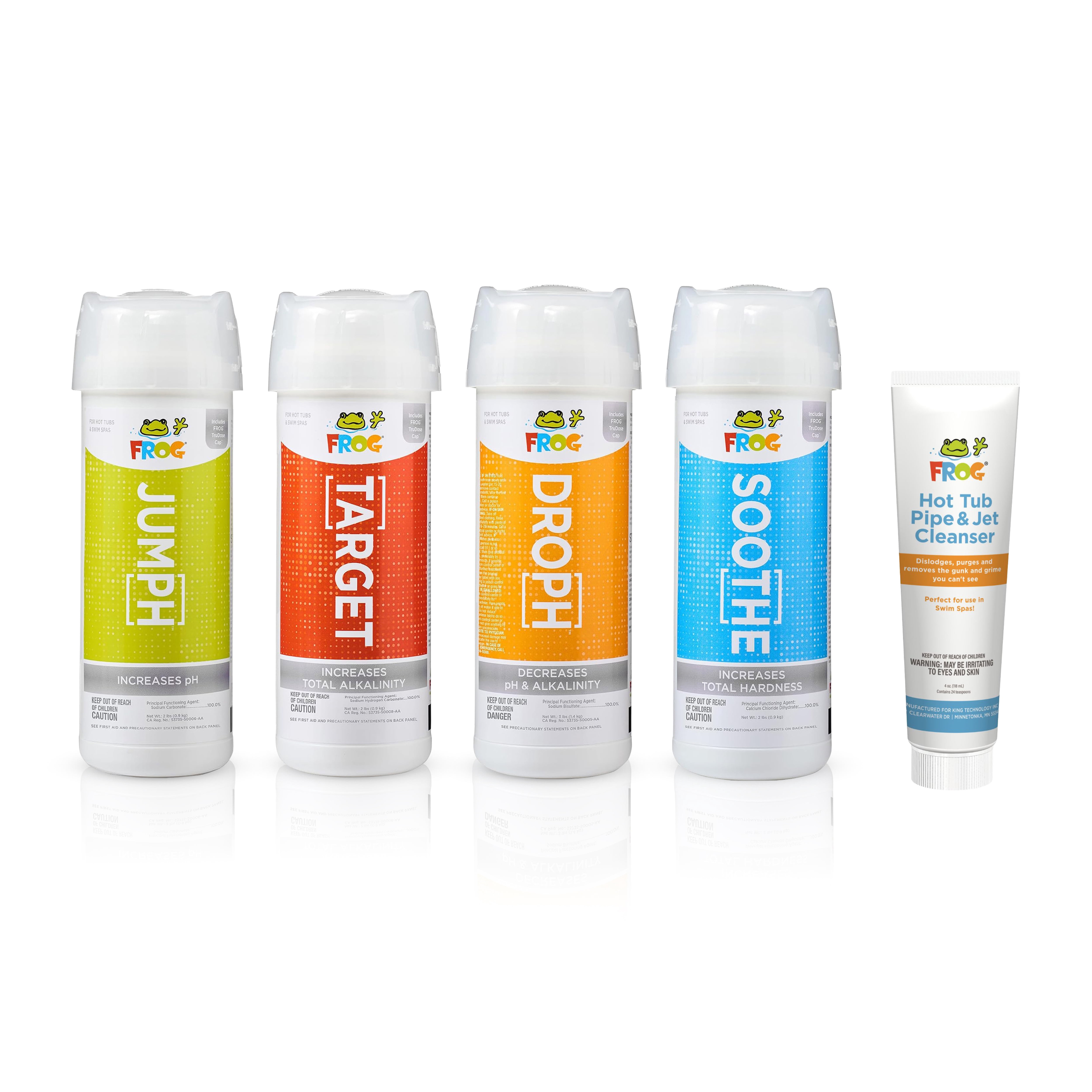 FROG Balancing Starter Kit and Pipe & Jet Cleanser for Hot Tubs and Swim Spas - pH, Total Alkalinity and Total Hardness Balancers with TruDose Measuring Caps - Multi Dose Purge Cleaner Tube