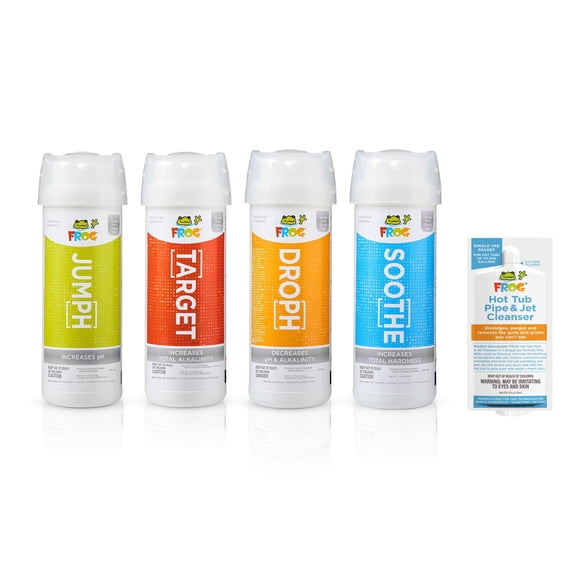 FROG Balancing Starter Kit and Pipe & Jet Cleanser for Hot Tubs - pH, Total Alkalinity and Total Hardness Balancers with TruDose Measuring Caps - Single Dose Purge Cleaner Packet