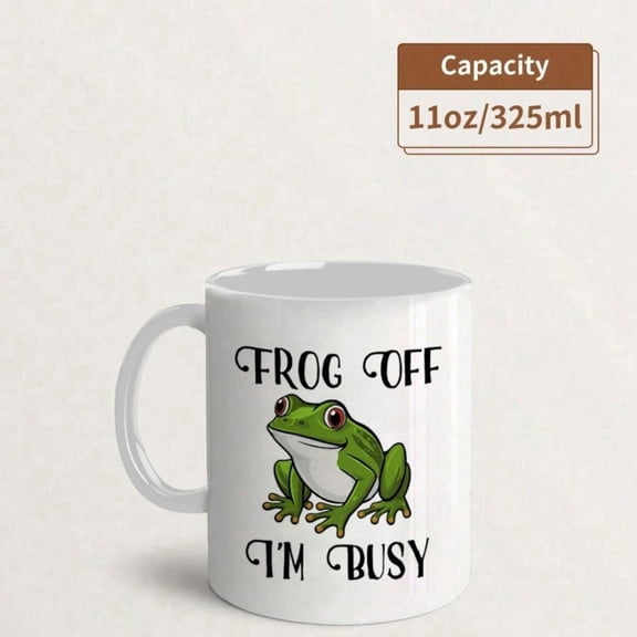FROG OFF Funny Office Mug with Sassy Green Frog Busy Work Cup 11oz Dense Ceramic Coffee Cup Home Office or Gifts Ideal Birthdays Christmas Halloween E