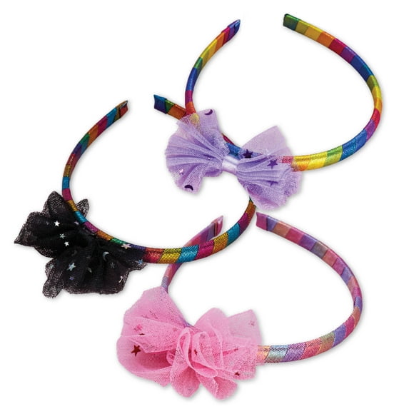 FROG SAC 3 Tulle Bow Metallic Headbands for Girls, Cute Sparkly Bow Hair Bands for Kids, Colorful Headband for Children, Little Girl Sparkly Hair Accessories, Shimmering Bow Head Band