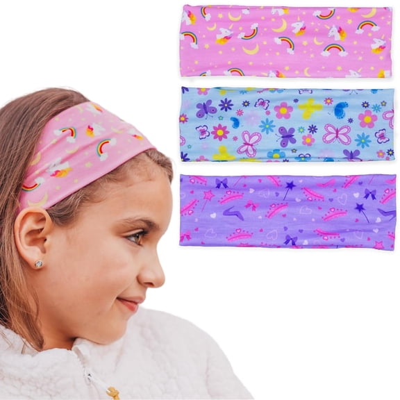 FROG SAC 3 Wide Headbands for Girls, Stretch Butterfly Unicorn Heart Headband for Kids, Princess Tiara Elastic Hair Accessories, Athletic Yoga Girl Head Bands