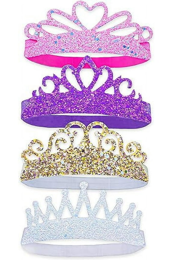 4 Glitter Tiara Headbands for Girls, Elastic Princess Crown Hair Bands for Toddlers, Stretch Sparkly Hair Accessories for Toddler Girl Children
