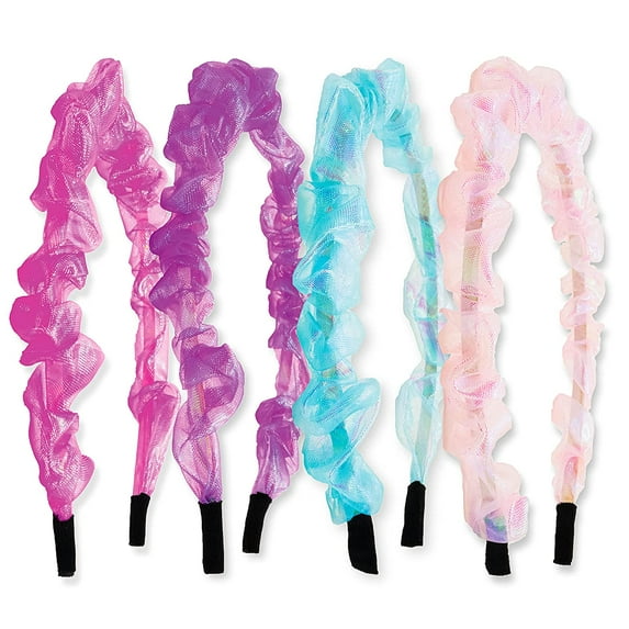 FROG SAC 4 Iridescent Ruched Headbands for Girls, Organza Hair Accessories for Kids, Teen Girl Shimmer Chiffon Head Bands, Cute Pastel Headband Pack for Birthday Party Favors