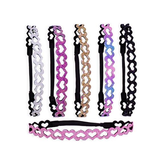FROG SAC 6 Glitter Elastic Headbands for Girls, Adjustable Non Slip Thin Heart Hair Bands for Tweens, Cute Stretchy Nonslip Fashion Teen Girl Hair Accessories, Sparkly Bling Headband For Kids