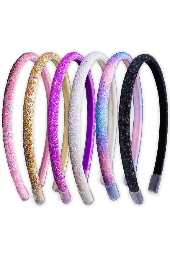 6 Headbands for Girls - Thin Glitter Toddler Hair Accessories, Little Girl Rainbow Hair Bands, Kids Fashion Head Band Pack, Cute Sparkle Headband Accessory Set