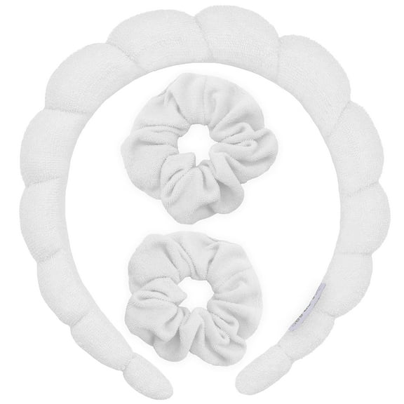 FROG SAC Girls Terry Cloth Skincare Headband with Scrunchies, Non-Slip, White, 3 ct