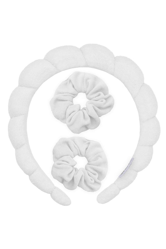 Girls Terry Cloth Skincare Headband with Scrunchies, Non-Slip, White, 3 ct