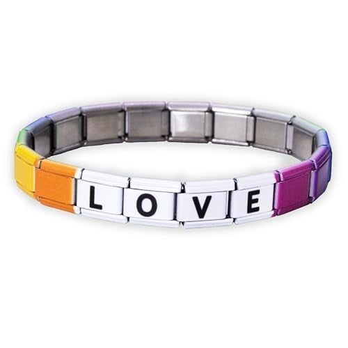 FROG SAC Italian Charm Word Bracelet for Girls, Stainless Steel Tile Letter Friendship Bracelets for Women, 9mm Modular Link Charms Jewelry for Teens, Cute Stretch Affirmation Accessories