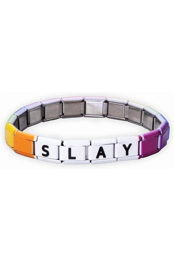 Italian Charm Word Bracelet for Girls, Stainless Steel Tile Letter Friendship Bracelets for Women, 9mm Modular Link Charms Jewelry for Teens, Cute Stretch Affirmation Accessories