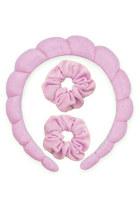 Puffy Spa Headband and Wristband Scrunchies for Girls, Skincare Headbands for Women Makeup, Terry Cloth Towel Head Band for Skin Care, Twisted Bubble Make Up Hair Band for Washing Face