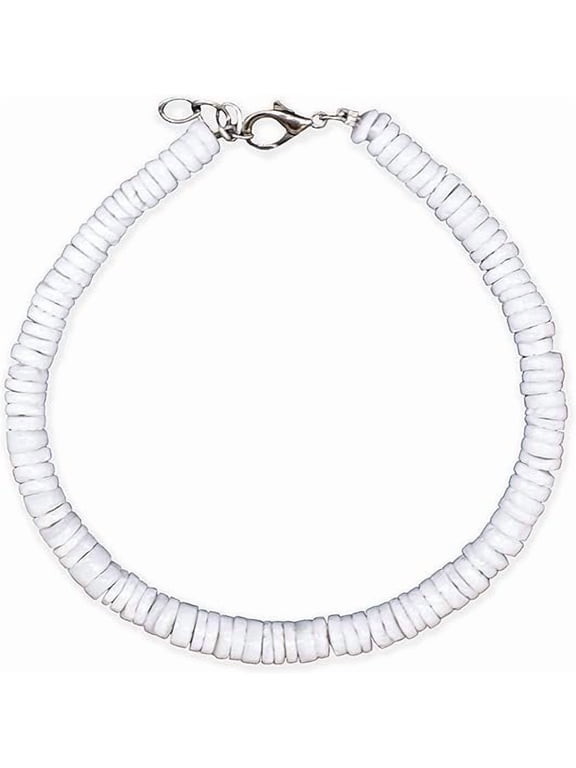 Puka Shell Anklet for Women - Seashell Beaded Anklets, Round Hawaiian Shells Jewelry (White)