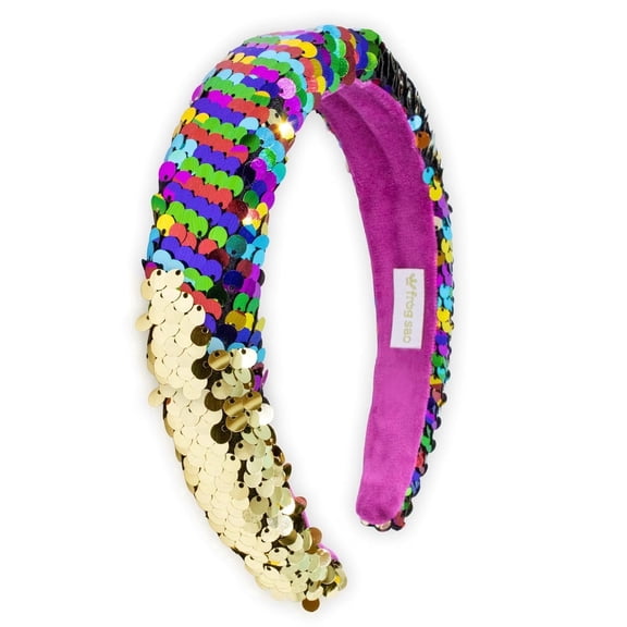 FROG SAC Sequin Headband for Girls, Wide Headbands for Kids, Sparkly Reversible Sequined Toddler Hair Bands, Sparkle Head Band Hair Accessories, Easter Basket Fillers Stocking Stuffers (Rainbow/Gold)
