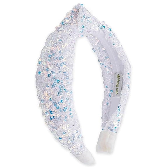FROG SAC Sequin Knot Headband for Girls, White Knotted Hair Bands Accessories for Kids, Sparkly Iridescent Little Girl Headbands, Cute Sequined Hairbands for Tweens Back to School