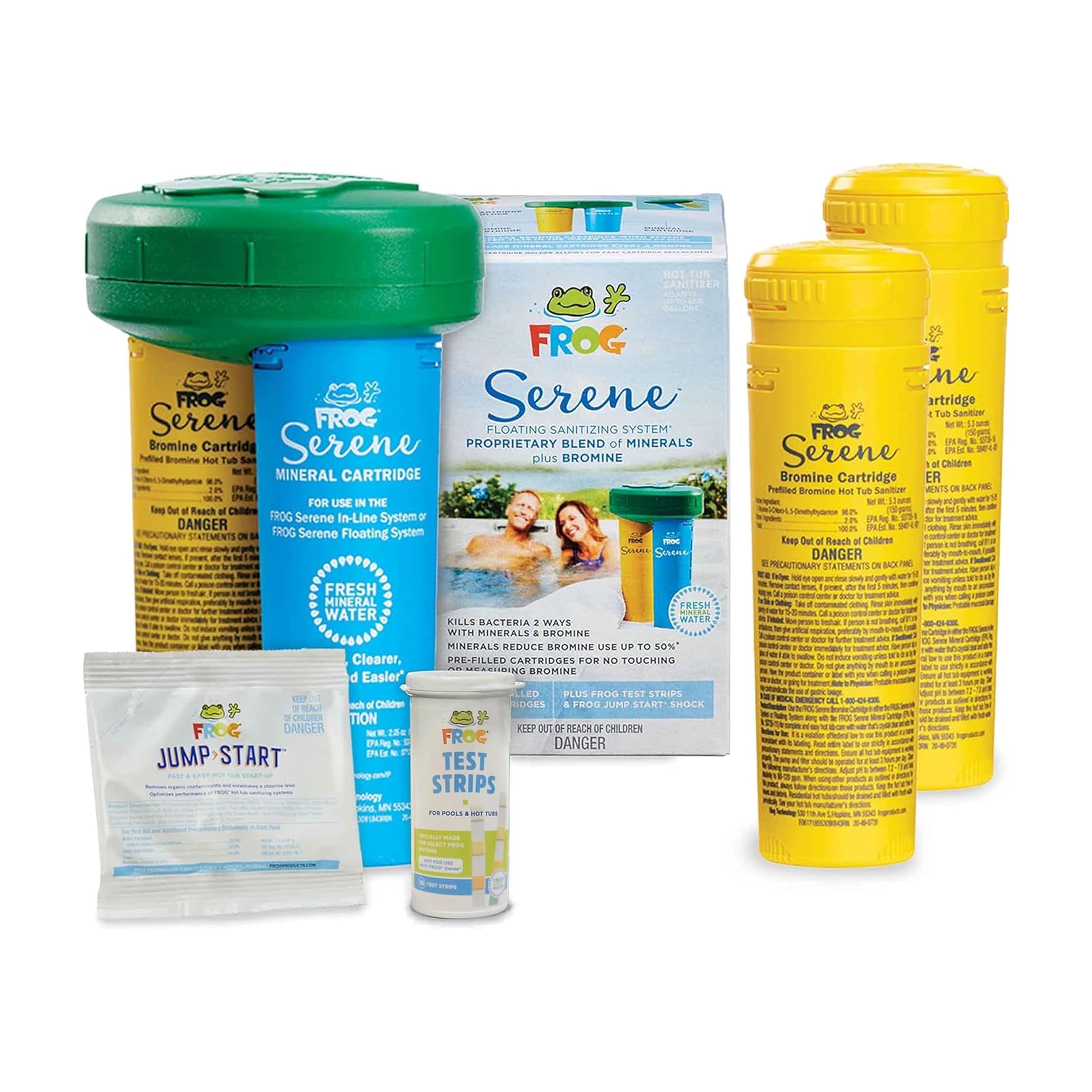 FROG Serene Floating System for Hot Tubs with 2 Replacement Bromine Cartridges - Prefilled Hot Tub Sanitizer - Tub Maintenance System with Sanitizing Minerals & Bromine