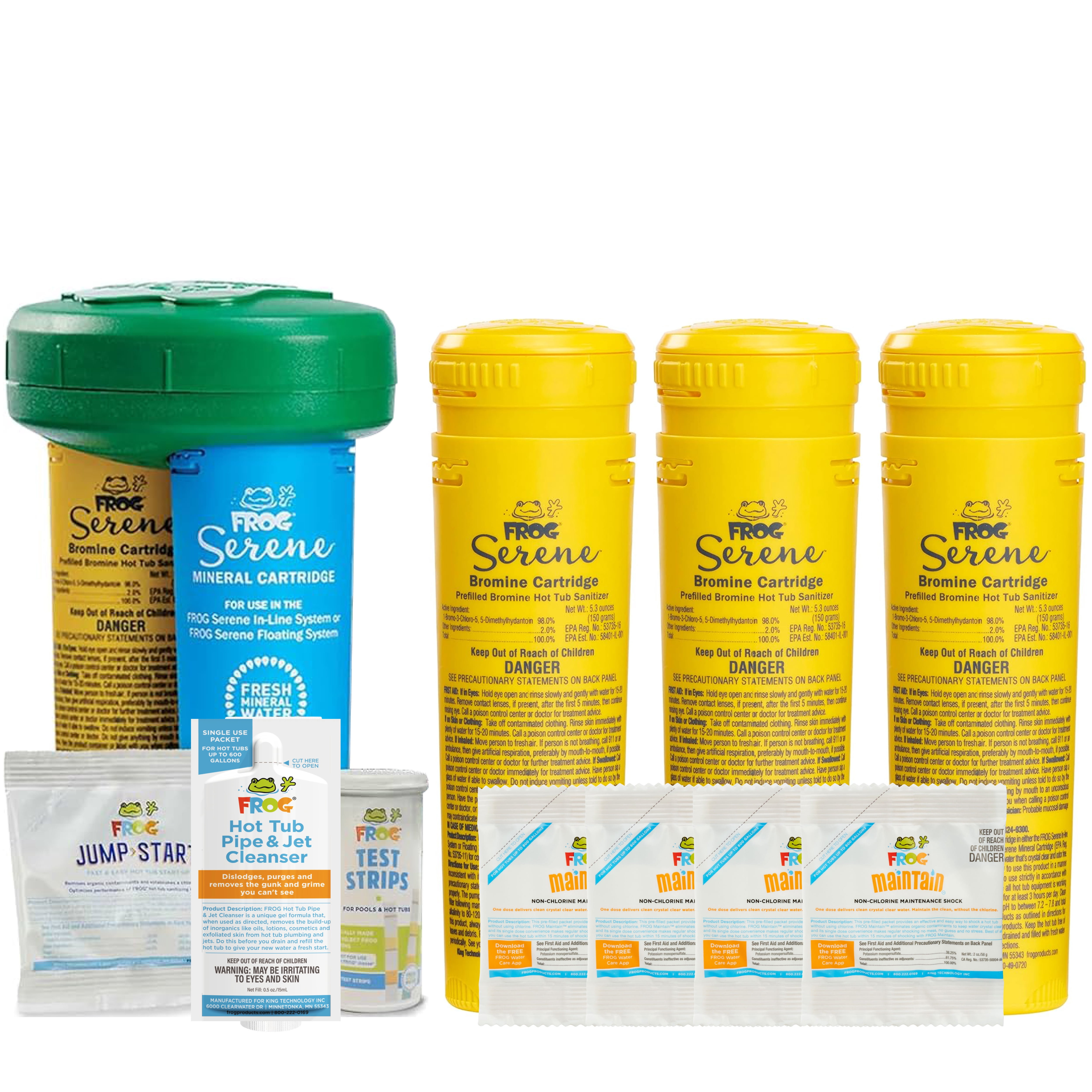 FROG Serene Floating System and Pipe & Jet Cleanser for Hot Tubs - Prefilled Hot Tub Sanitizer and Deep Clean Purge - Sanitizing Minerals & Bromine - 4 Month Fresh Start Bundle+
