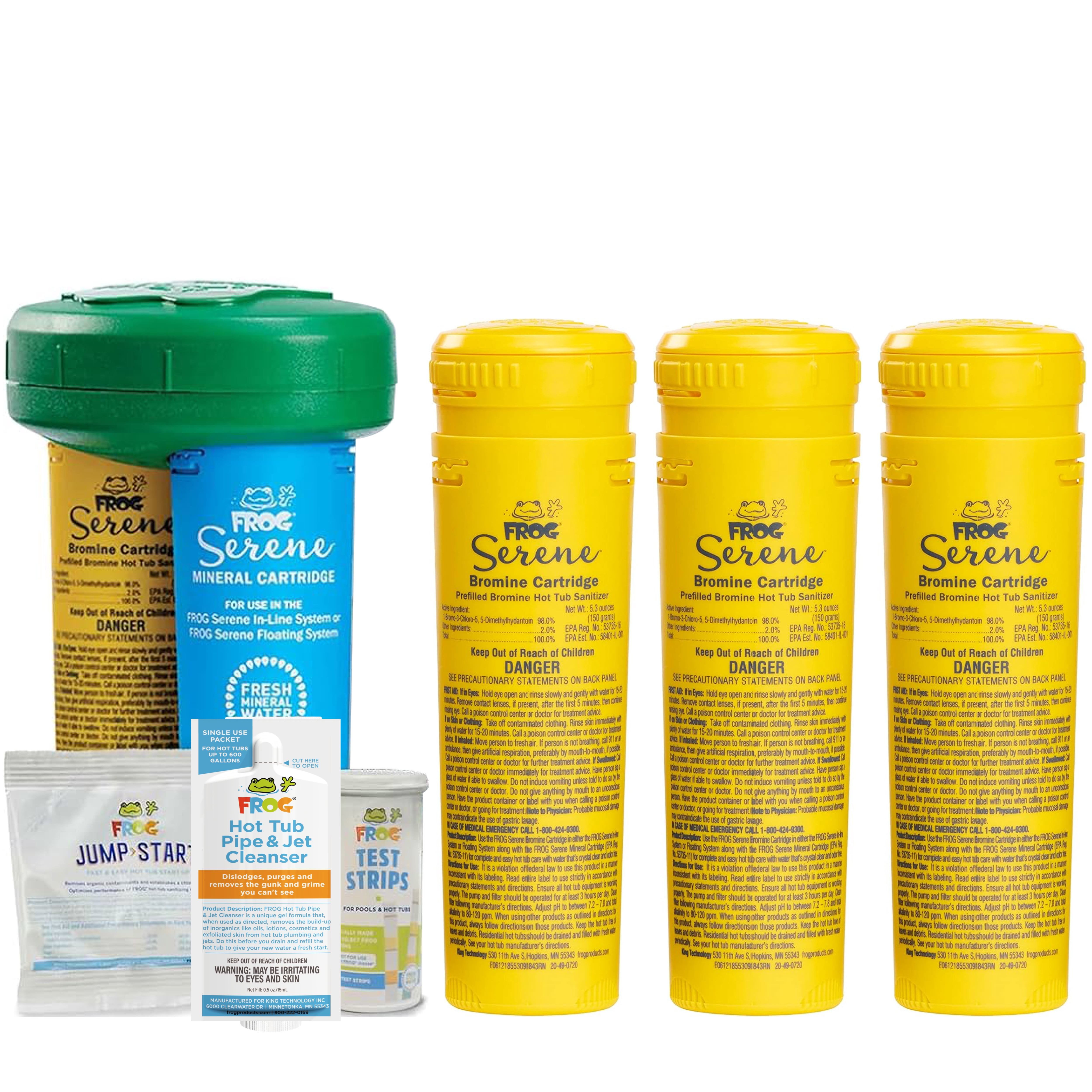 FROG Serene Floating System and Pipe & Jet Cleanser for Hot Tubs - Prefilled Hot Tub Sanitizer and Deep Clean Purge - Sanitizing Minerals & Bromine - 4 Month Fresh Start Bundle