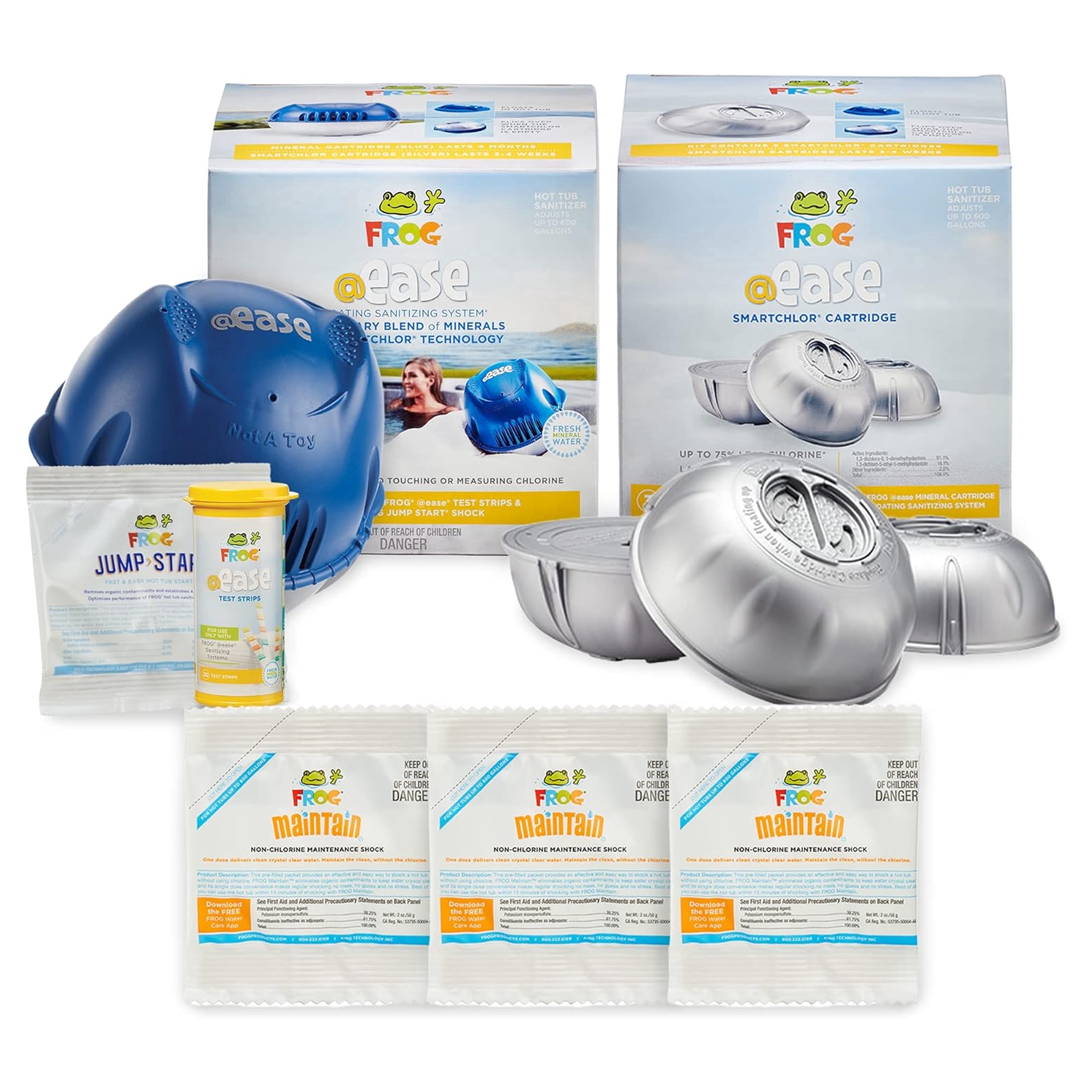FROG @ease Floating System for Hot Tubs with 3 Replacement @ease SmartChlor Cartridges & 3 Pack of FROG Maintain - Hot Tub Maintenance System with Sanitizing Minerals & SmartChlor Technology
