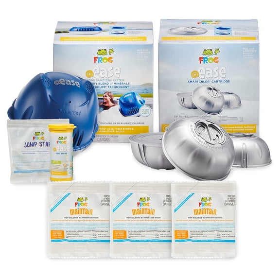 FROG @ease Floating System for Hot Tubs with 3 Replacement @ease SmartChlor Cartridges & 3 Pack of FROG Maintain - Hot Tub Maintenance System with Sanitizing Minerals & SmartChlor Technology