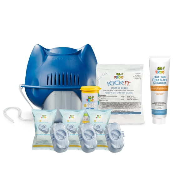 FROG @ease Floating System and Pipe & Jet Cleanser for Swim Spas - Self-Regulating Swim Spa Sanitizer and Deep Clean Purge - Sanitizing Minerals & SmartChlor Technology - 4 Month Fresh Start Bundle