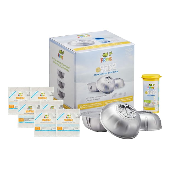 FROG @ease Replacement SmartChlor Cartridge 3 Pack with 6 Pack of Maintain & 30 Test Strips for use with Hot Tub FROG @ease Floating System - Hot Tub Sanitizer System Supports Less Chlorine Use