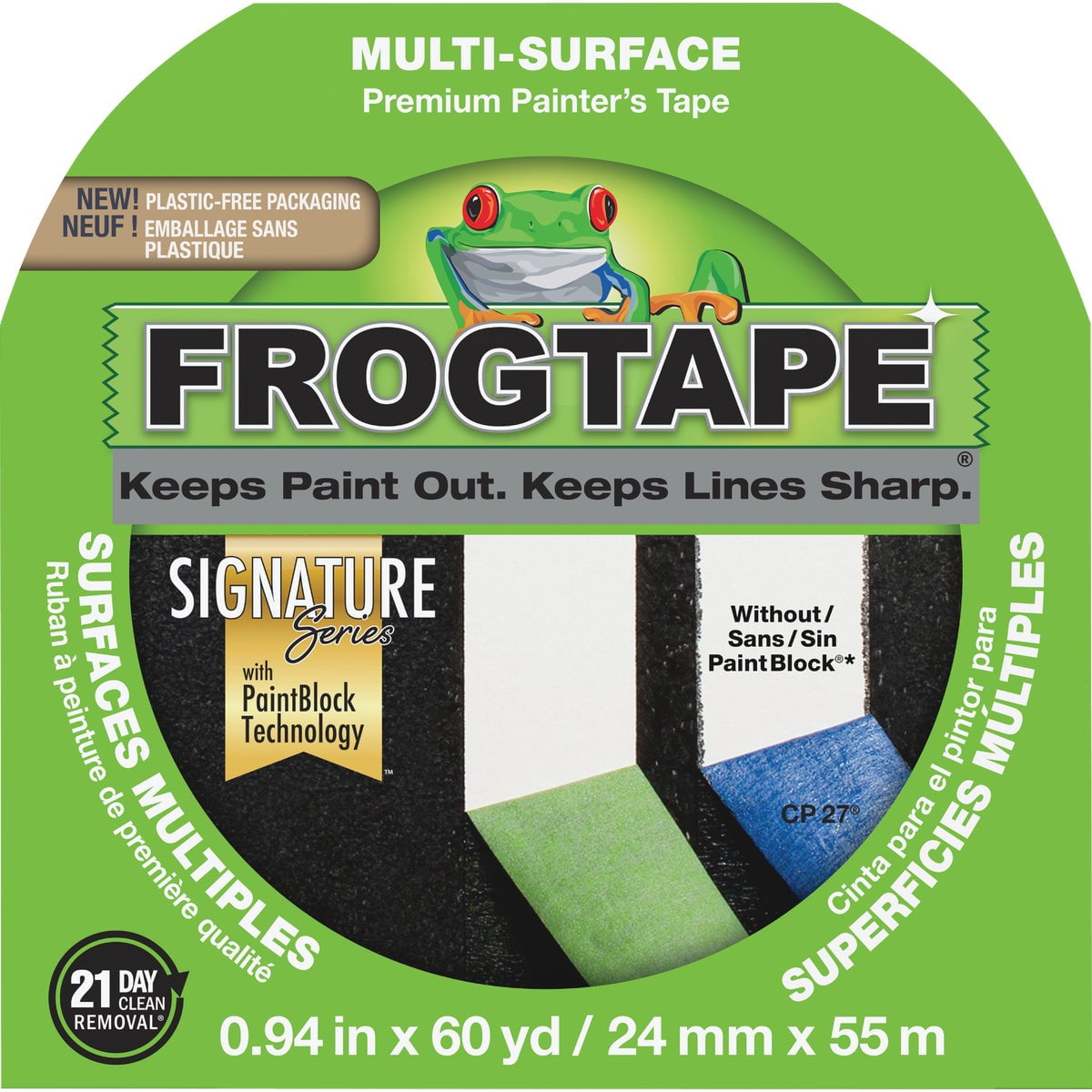 FROGTAPE 1358463 Multi-Surface Painter's Tape with PAINTBLOCK, Medium Adhesion, 0.94" Wide x 60 Yards Long, Green, 3 Pack