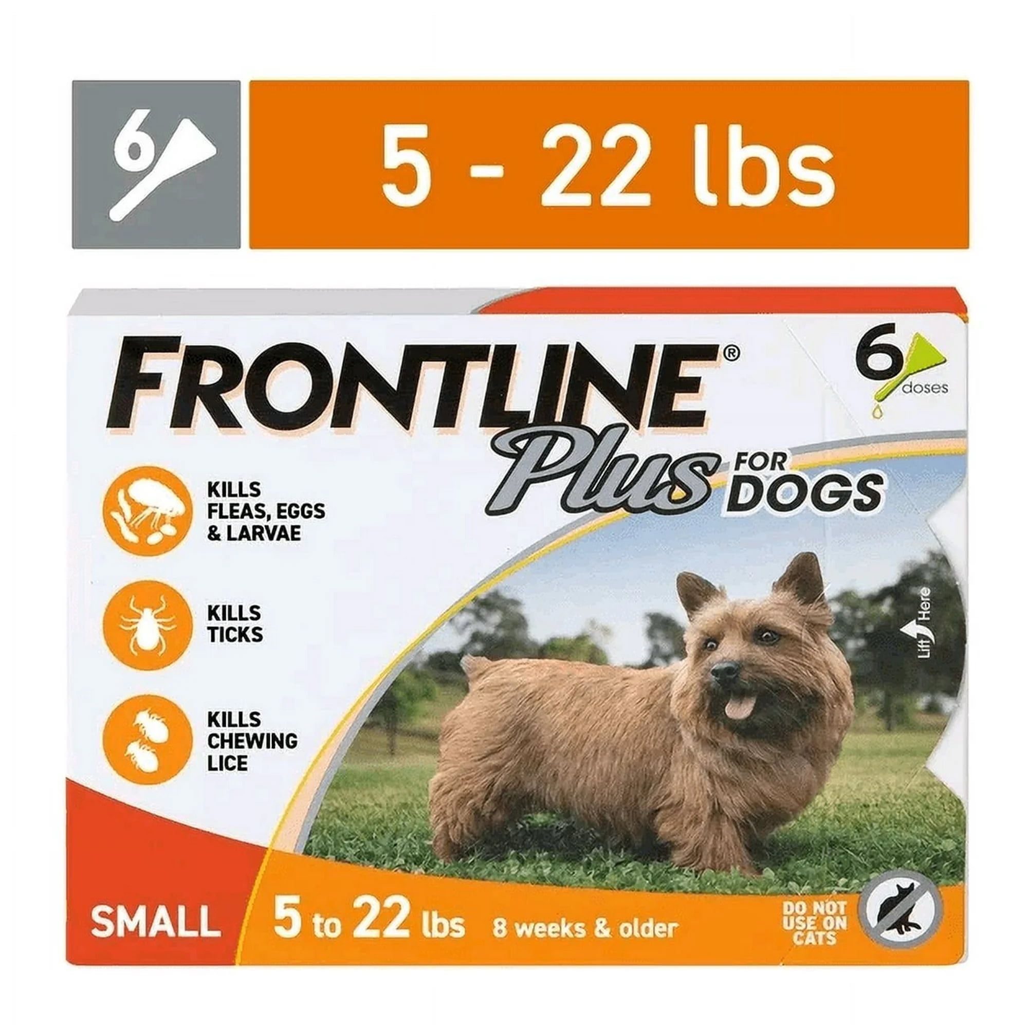 FRON-TLINE Plus Treatment for Dogs FleaTick Treatment, Small Dog, 5-22 lbs, Orange Box, 6 CT