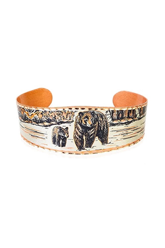 Artisan Copper Mama Bear & Cub Cuff Bracelet - Unisex Adjustable Wildlife BearJewelry – Open-Ended Earthtone Grizzly Bear Gift for Men & Women (BearCub)