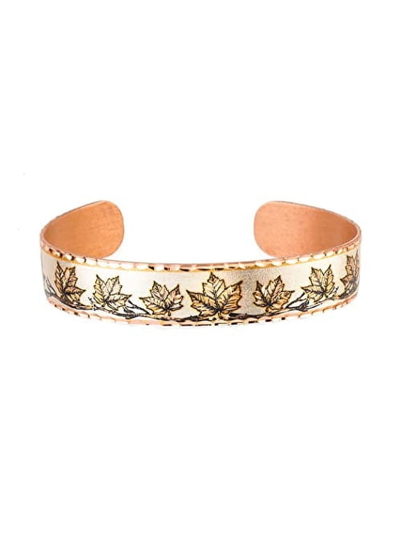 Artisan-crafted Copper Bracelets Cuff Featuring Flower/Evil Eyes/Maple/Strawberry/Peace Sign/Rainbow/Van Gogh Jewelry (MapleLeaf)