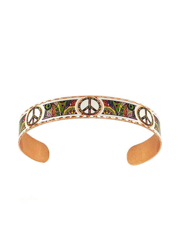 Artisan-crafted Copper Bracelets Cuff Featuring Flower/Evil Eyes/Maple/Strawberry/Peace Sign/Rainbow/Van Gogh Jewelry (PeaceSymbol)