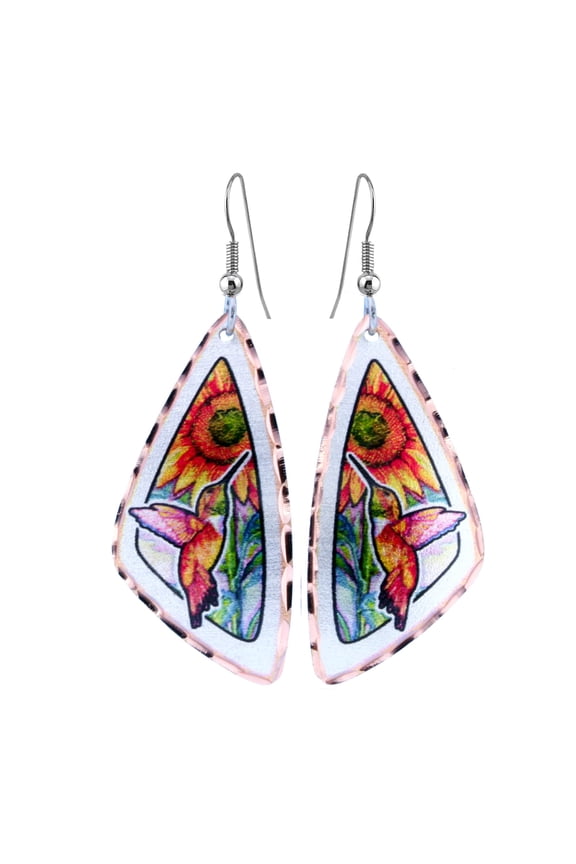 Artisan-crafted Triangular Designs of Women's Hummingbird and Sunflower Earrings Hummingbird Jewelry Gifts
