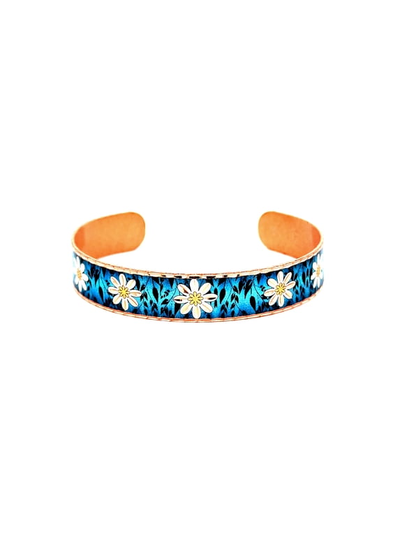 Flower Bracelet, Open Cuff Daisy Design with Black Leaf on Copper, Handmade Boho Jewelry for Women (TexturedBlue)