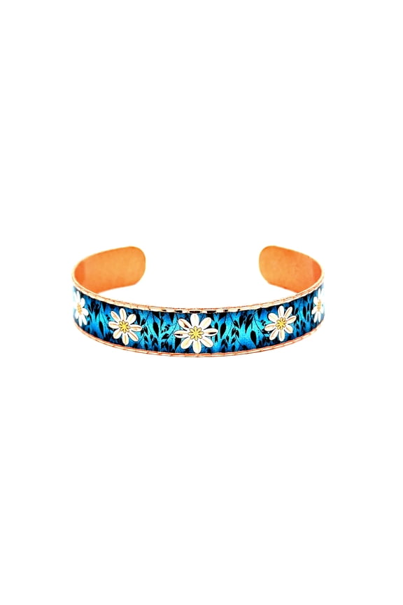 Flower Bracelet, Open Cuff Daisy Design with Black Leaf on Copper, Handmade Boho Jewelry for Women (TexturedBlue)