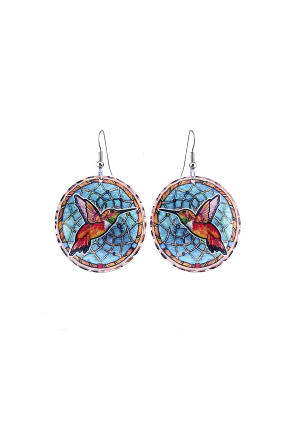 Handcrafted Copper Blue Dreamcatcher Earrings Featuring a Vivid Red-Throated Hummingbird Wearable Art (Dream Catcher)