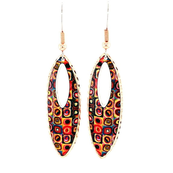 FRONT LINE JEWELRY Handmade Kandinsky-Inspired Earrings – Colorful Squares & Concentric Circles Wearable Art with Elliptical Cut-Out, Elongated Teardrop Design(ConcentricCircles)
