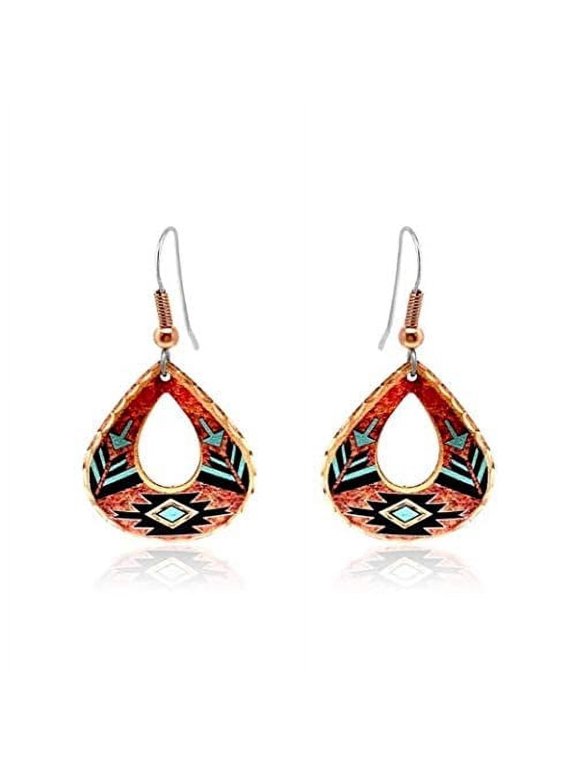 Southwest Native Inspired Copper Teardrop Earrings, Tribal Diamond Arrowhead Design, Turquoise and Maroon, Lightweight Artisan Jewelry for Women (Arrowhead)