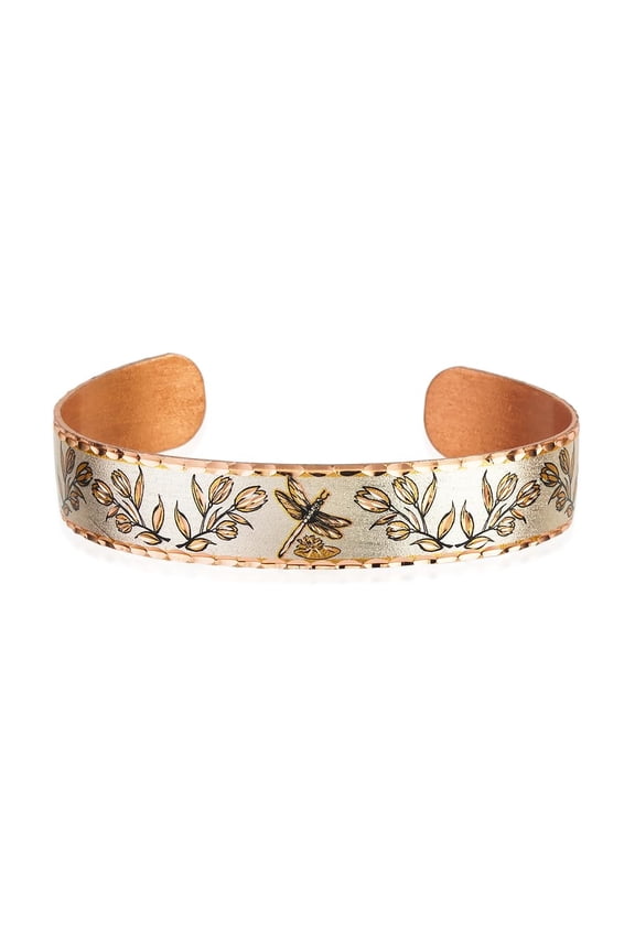 Women’s Dragonfly Cuff Bracelet – Handcrafted Copper & Silver Tones with Water Lily Motif, Nature-Inspired Adjustable Bracelet (Dragonfly)