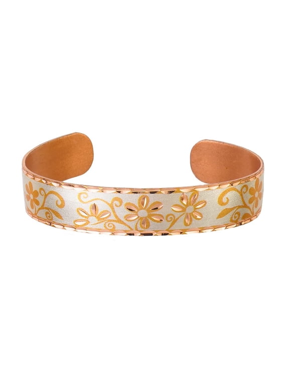 Women’s Floral Copper Cuff Bracelet – Yellow Daisy Flower on Silver-Tone Band, Handmade Artisan Jewelry(DaisyMetallic)