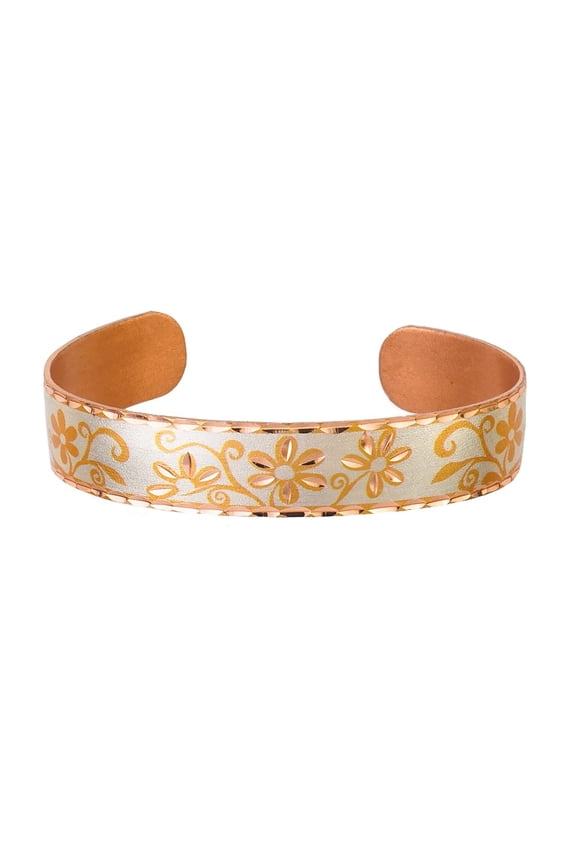 Women’s Floral Copper Cuff Bracelet – Yellow Daisy Flower on Silver-Tone Band, Handmade Artisan Jewelry(DaisyMetallic)