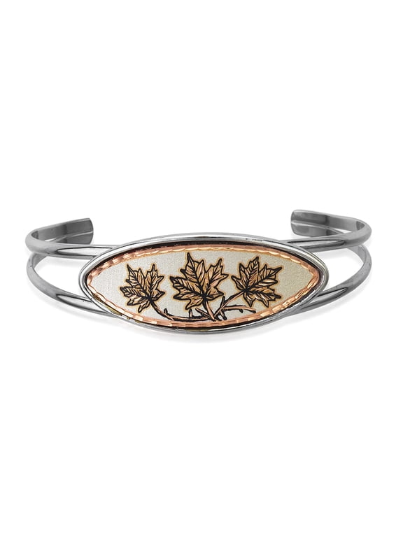 Women's Silver Bangles Cuff Bracelets with Copper Medallions: Butterflies/Horses/Flowers/Daisy Silver Bangles (MapleLeaf)