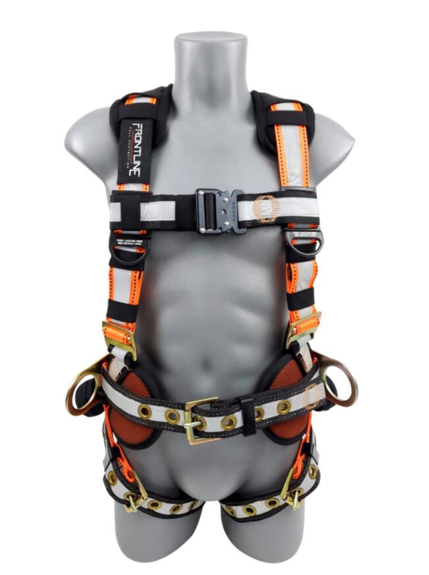 Frontline Fall Protection 100RCTB Combat Reflective Construction Full Body Harness with Tongue Buckle Legs and Trauma Straps | 5 Points of Adjustability | Positioning Belt | OSHA & ANSI Comp