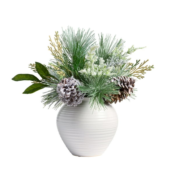Better Homes & Gardens 13'' Indoor Decorative Artificial Frosted Pine in Ceramic Vase, Green Color
