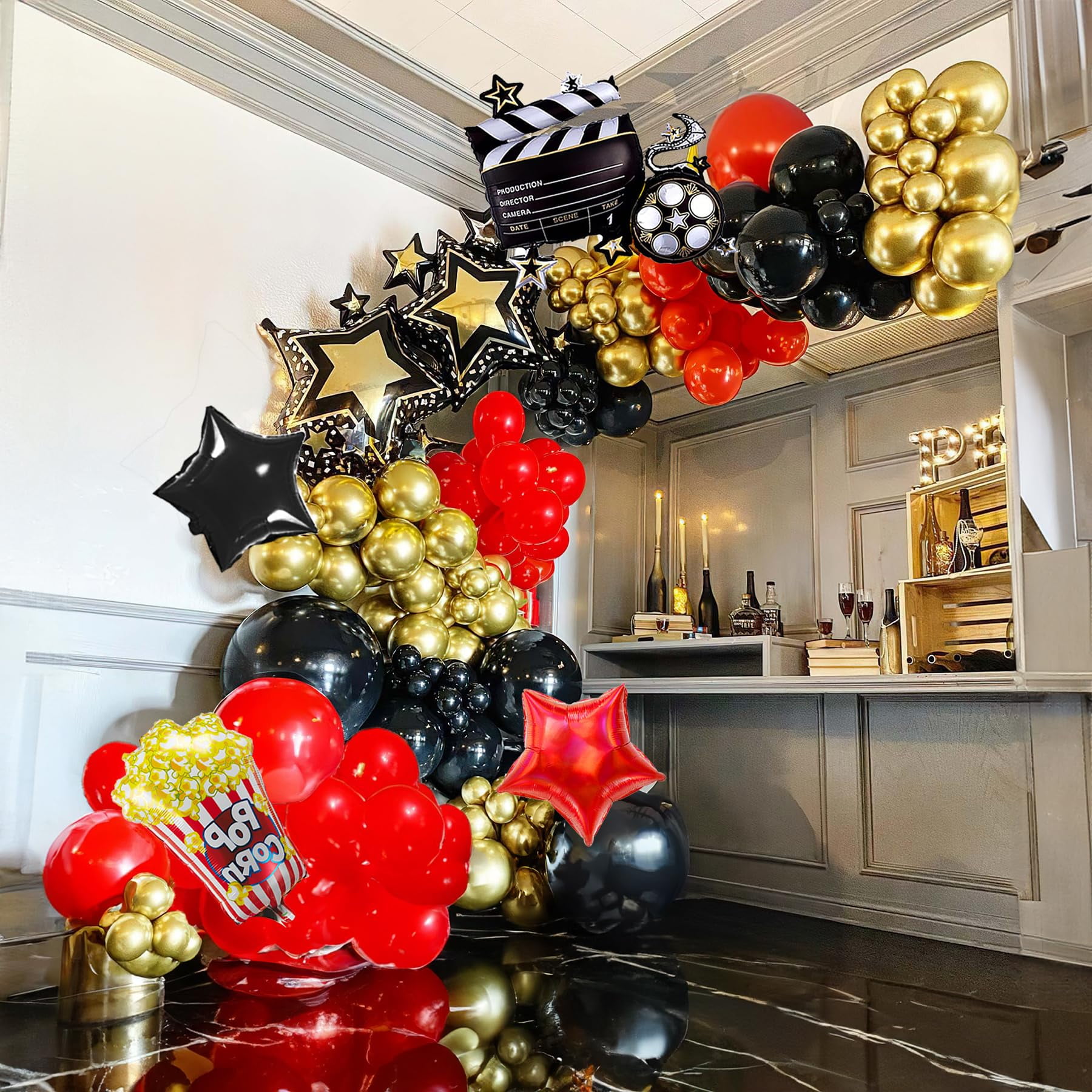 FROUFING black red gold balloon garland arch kit 126+pcs with Popcorn Film Clapboard Black Red Star-Shaped Foil Balloons for Movie Night Birthday hollywood theme party decorations C49