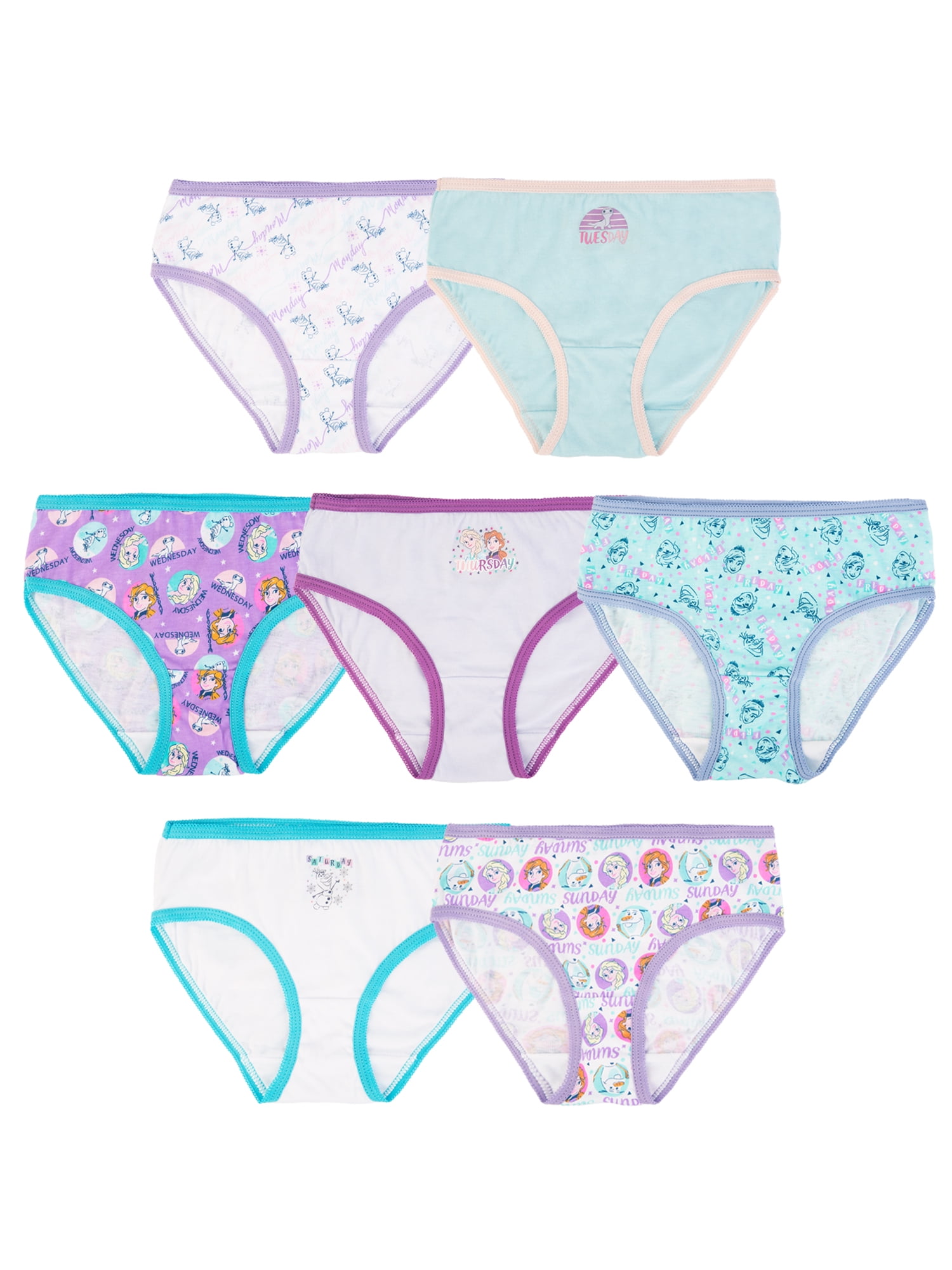 Frozen (Days of the Week) Girls Cotton Brief Character Underwear, 7-Pack, Size 4-8