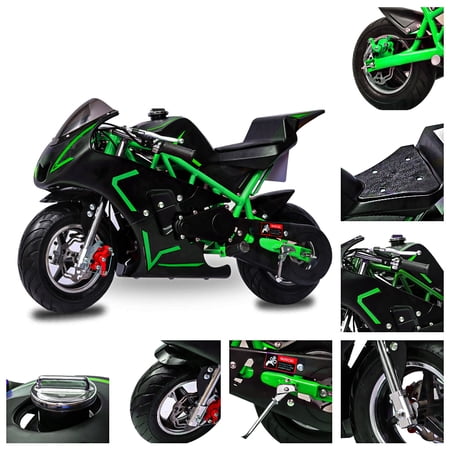 FRP 2 Stroke Pocket Bike 01, Mini Bike for Kids, Mini Pocket Bike W/ Strong Dual Brake, Racing Pocket Rocket Max Speed 20 Mph, Realistic Mini Motorcycle Max Weight 165 LB, Green