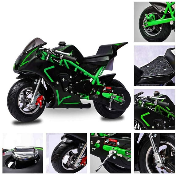 FRP 2 Stroke Pocket Bike 01, Mini Bike for Kids, Mini Pocket Bike W/ Strong Dual Brake, Racing Pocket Rocket Max Speed 20 Mph, Realistic Mini Motorcycle Max Weight 165 LB, Green