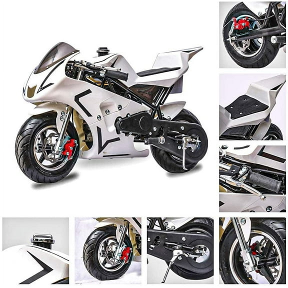 FRP 2 Stroke Pocket Bike 03, Pocket Bike for Kids W/ Strong Dual Brake, Realistic Racing Pocket Rocket Max Speed 20 Mph, Mini Bike Max Weight 165 LB-Ultra Edition, White