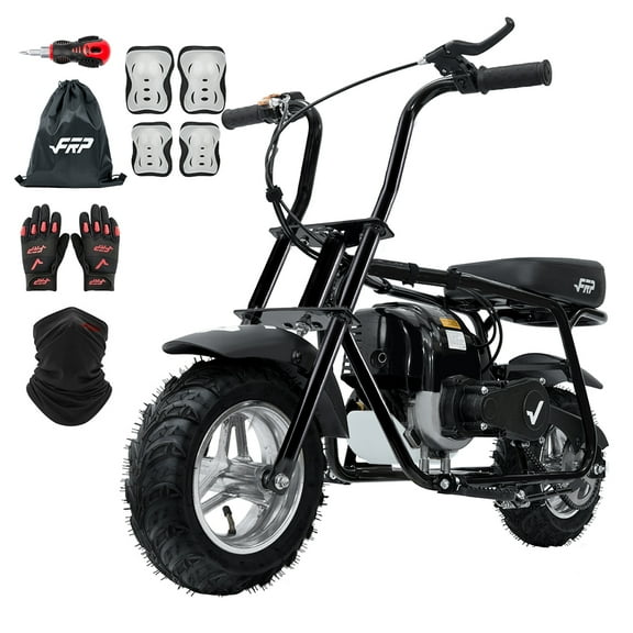 FRP 40cc Mini Bike Gas Powered 4-Stroke Off Road Dirt Bike for Teens, Youth Pocket Bike with Pull Start & Disc Brake, 18 MPH Max Speed (Black) - Includes Gloves, Knee Pads, Elbow Pads & Neck Gaiter